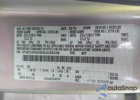 2016 Ford Escape Se из США, поврежденный, VIN 1FMCU0GX9GUC65339